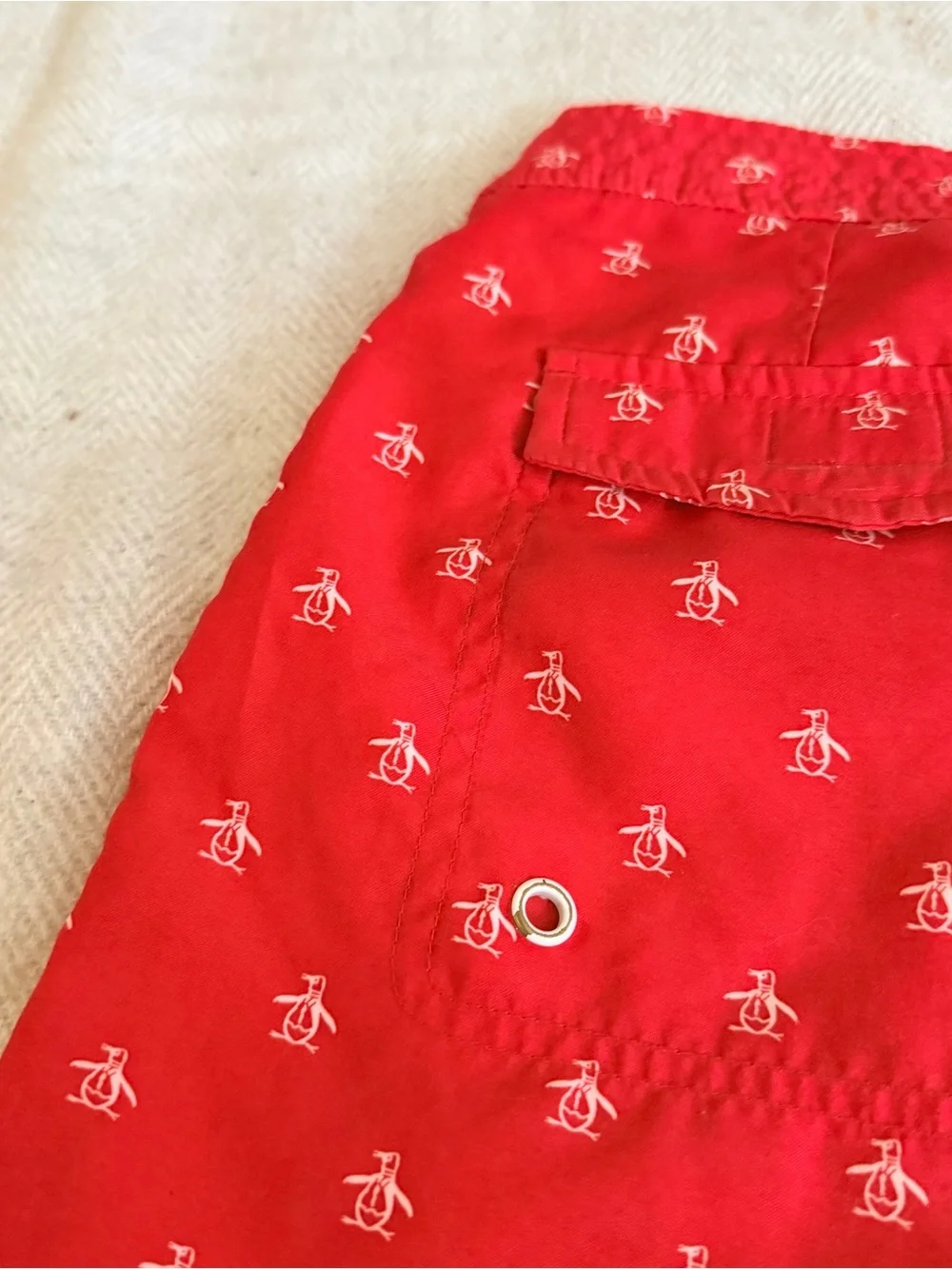 An original PENGUIN Men Swim Short Red Micro Penguin Logo Pattern 30W